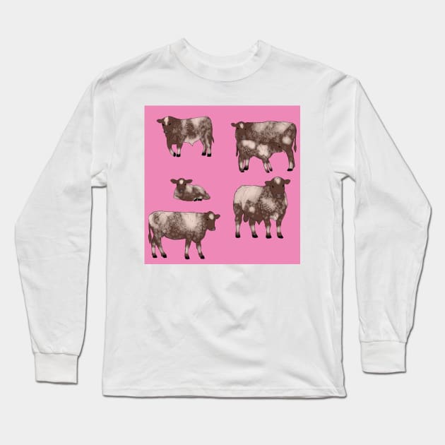 Shorthorn Cattle Pattern Pink Long Sleeve T-Shirt by TrapperWeasel